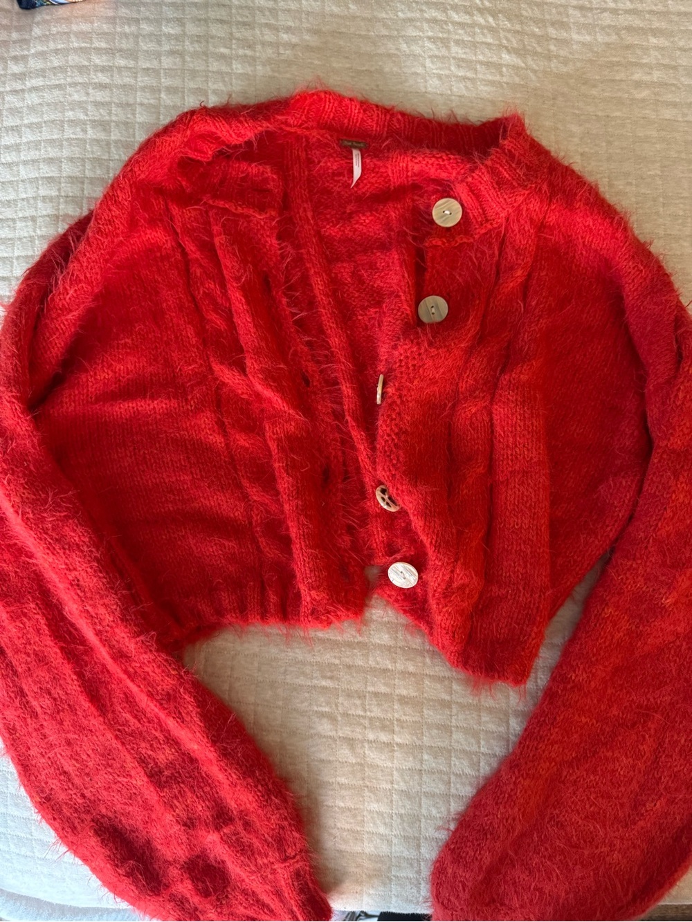 Free People Vibrant Red Cropped Fuzzy Cardigan